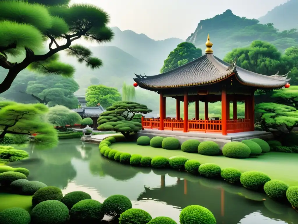 Un jardín sereno y exuberante con un pabellón chino tradicional entre árboles frondosos y un arroyo