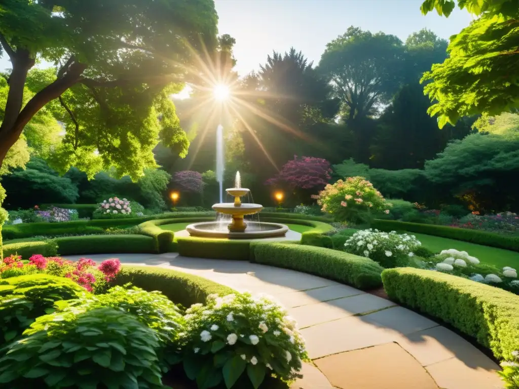 Un jardín sereno con exuberante vegetación, flores en floración y una fuente tranquila en el centro