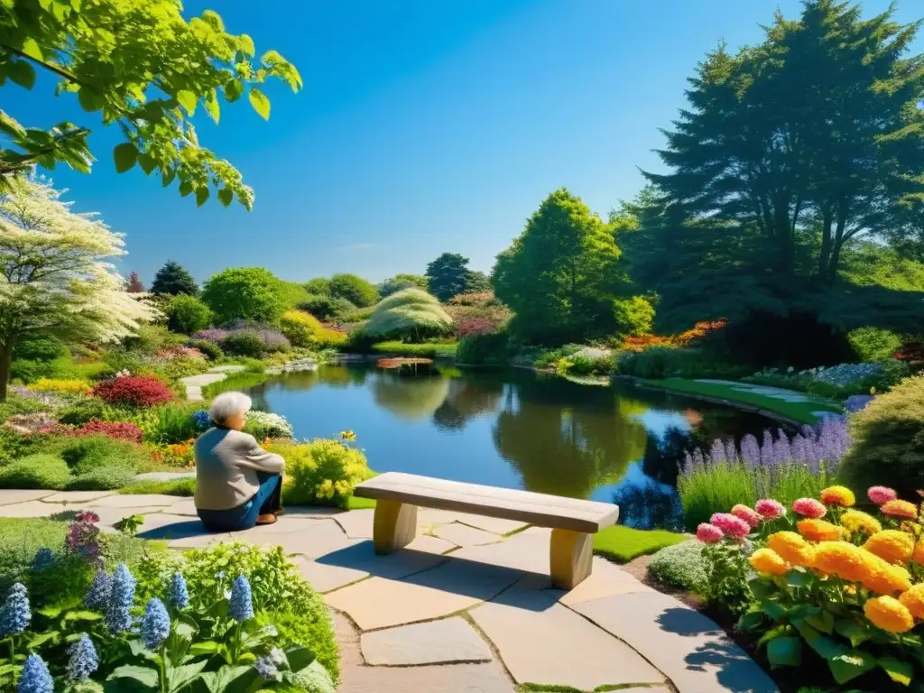 Un jardín sereno iluminado por el sol, con un camino de piedra entre flores vibrantes