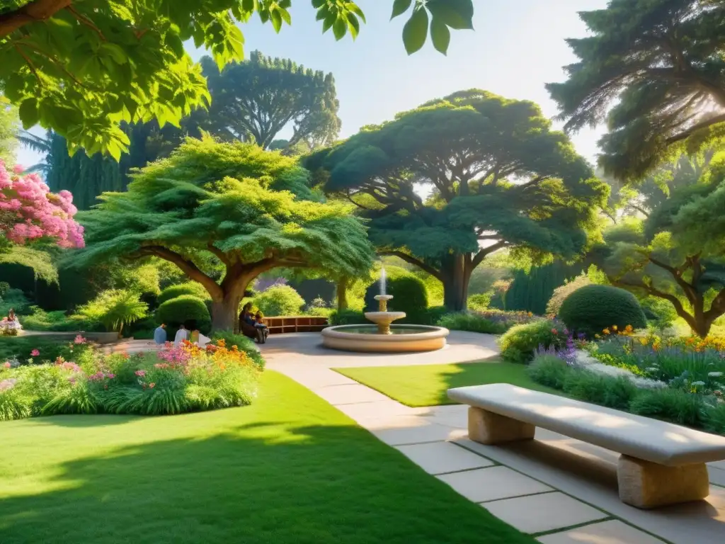 Un jardín sereno iluminado por el sol, con vegetación exuberante y una fuente en el centro