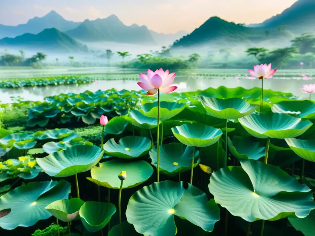 Un jardín sereno y soleado con un estanque de lotos en su centro y una atmósfera contemplativa