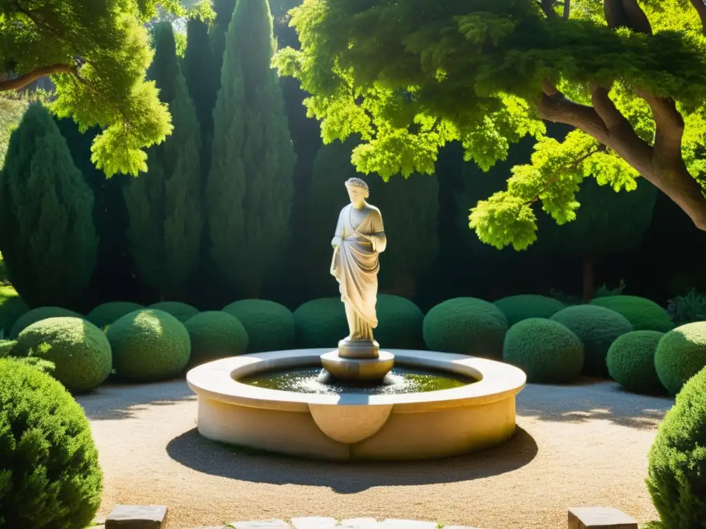 Un jardín sereno y soleado con follaje exuberante, estatua de filósofos griegos, luz filtrada, atmósfera contemplativa