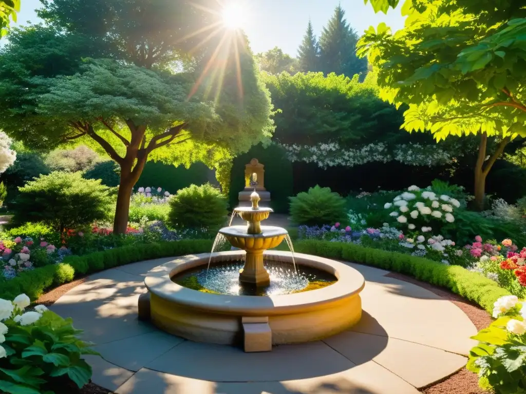 Un jardín sereno y soleado con una pequeña fuente de piedra en el centro, rodeado de vegetación vibrante y flores