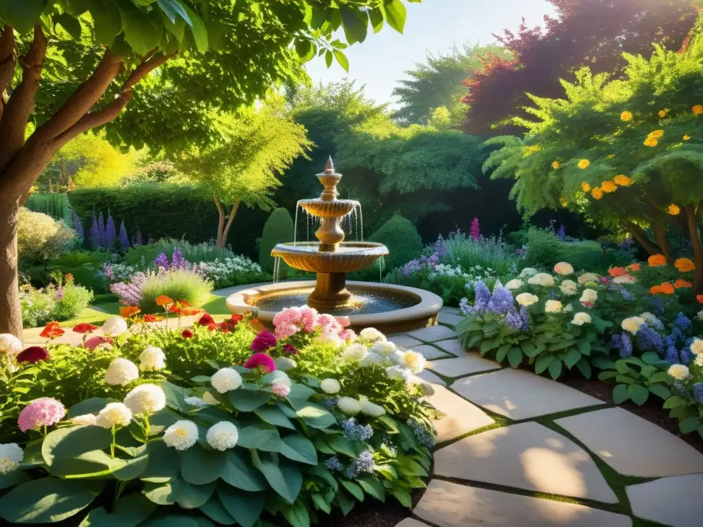 Un jardín sereno y vibrante bañado por la cálida luz del sol