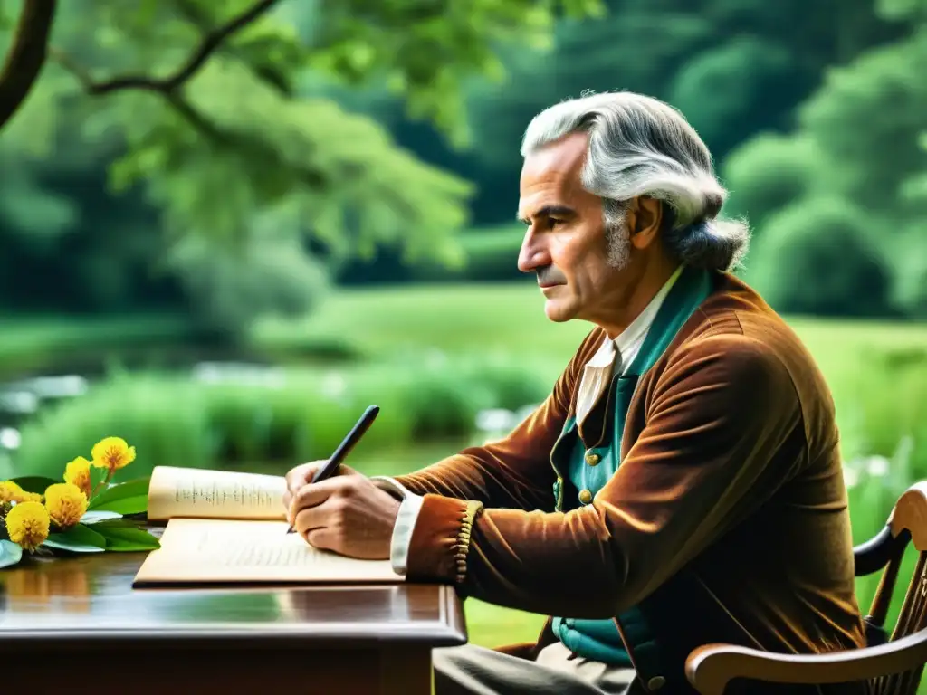 Jean-Jacques Rousseau reflexiona en su escritorio rodeado de naturaleza exuberante, evocando La Ilustración en París