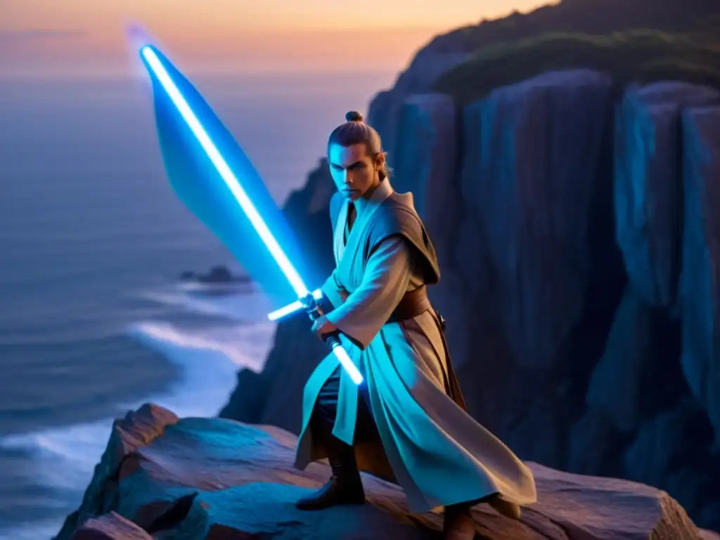 Un Jedi con su sable de luz en la cima de un acantilado, en un atardecer épico, simbolizando la dicotomía Bien Mal en Star Wars