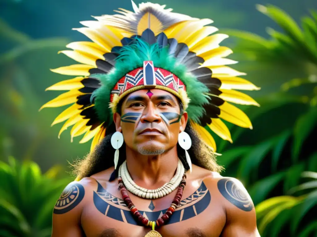 Un jefe polinesio con un imponente atuendo de plumas y tapa, irradia poder y autoridad en la exuberante paisaje tropical