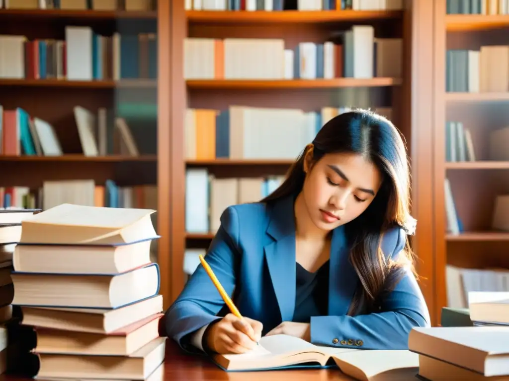 Una joven economista se concentra en su escritorio desordenado, rodeada de libros y papeles
