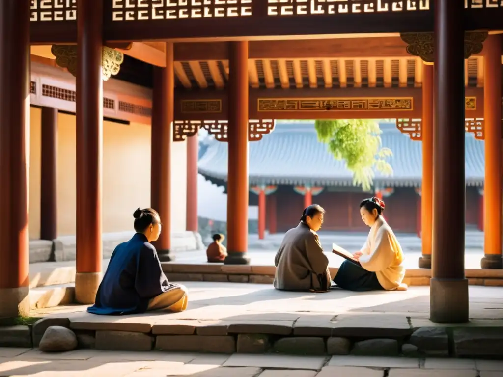 Jóvenes reinterpretando enseñanzas confucianas en sereno patio, inmersos en reflexión y diálogo