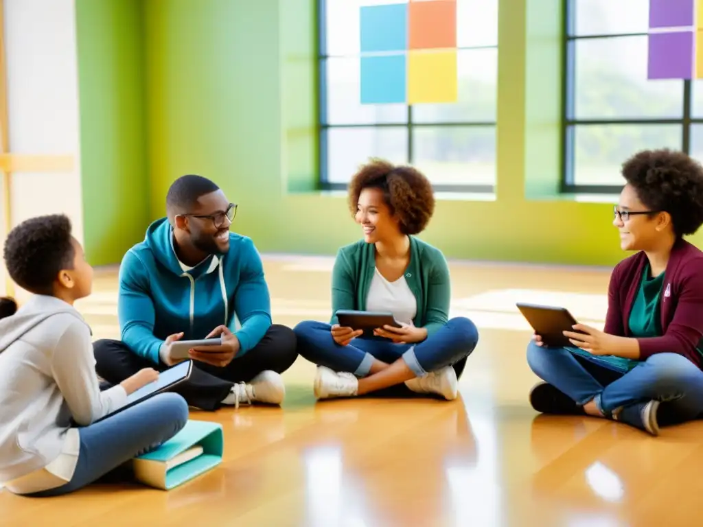 Jóvenes estudiantes colaboran en un ejercicio de pensamiento crítico usando tablets y smartphones con aplicaciones educativas