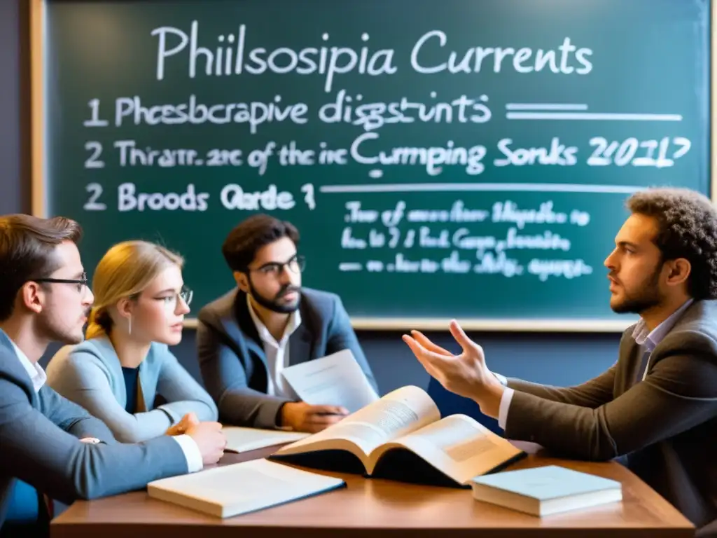 Jóvenes filósofos debatiendo apasionadamente sobre corrientes filosóficas emergentes