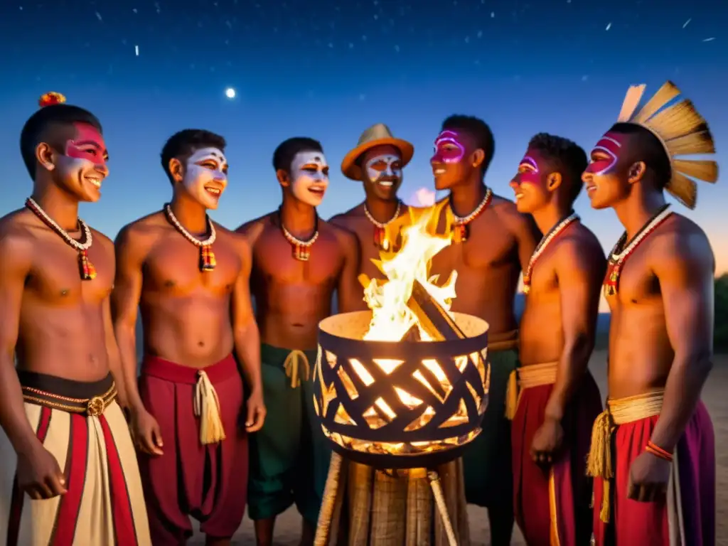 Jóvenes danzando alrededor de una fogata bajo el cielo estrellado, en un ritual subsahariano lleno de significado filosófico