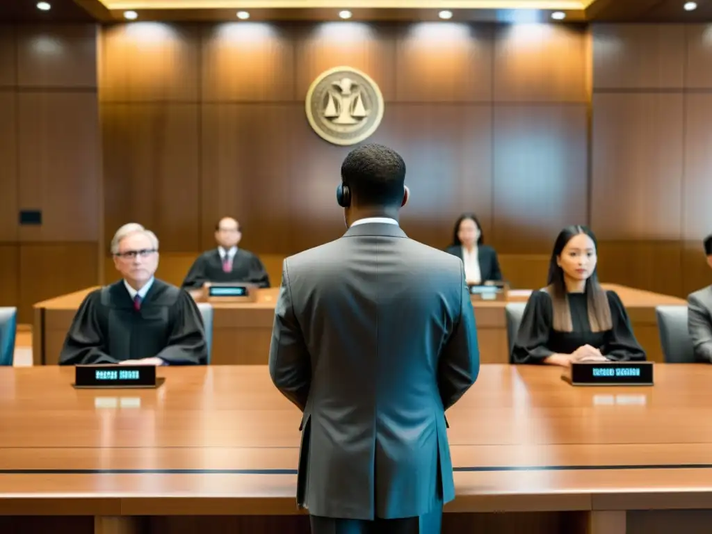 Jueces, abogados y especialistas en IA colaborando en un tribunal moderno, destacando la integración de la IA en la resolución de conflictos ética