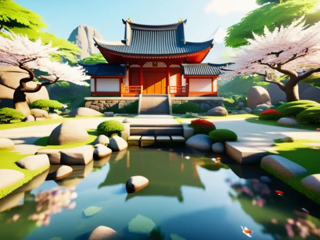 Juego interactivo sobre filosofía oriental: paisaje virtual zen con jardín, estanque de peces koi, templo y sakuras en flor
