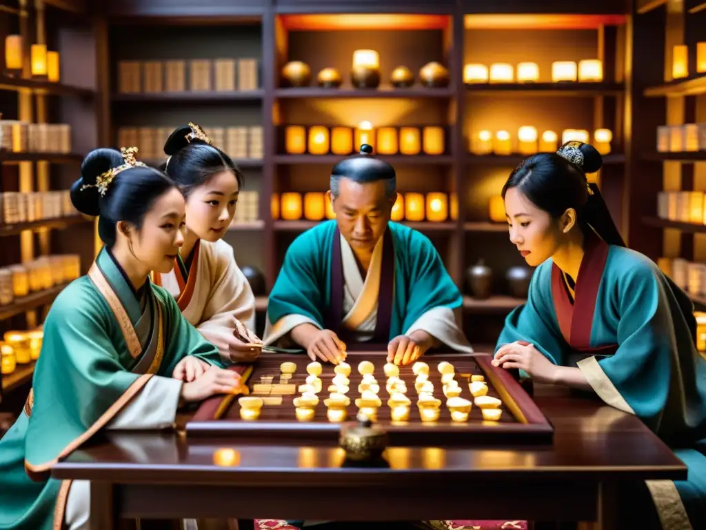 Juegos filosóficos sobre Confucio: Personas vestidas con ropa tradicional china juegan un juego estratégico en una habitación iluminada por velas