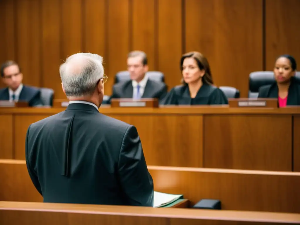 Juez presidiendo un juicio con tensiones éticas justicia penal, abogados, jurado y acusado presentes en la sala del tribunal