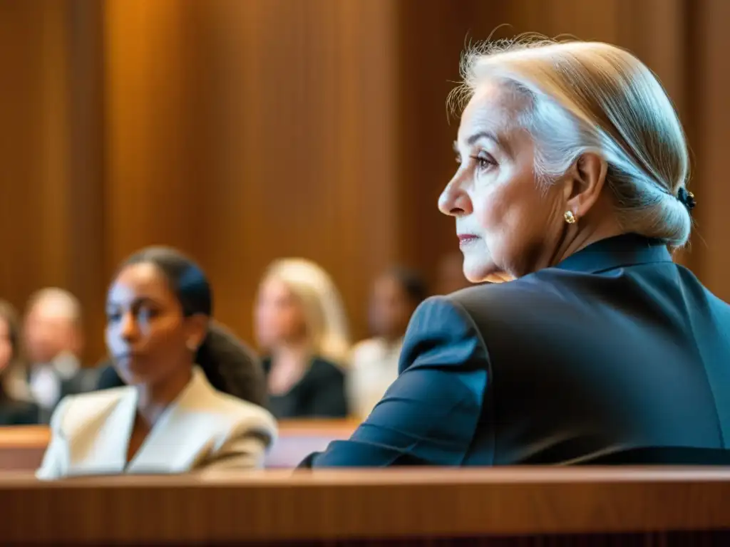 Un juez mayor escucha con empatía el testimonio de una joven en la sala del tribunal, mostrando el papel de la empatía en justicia