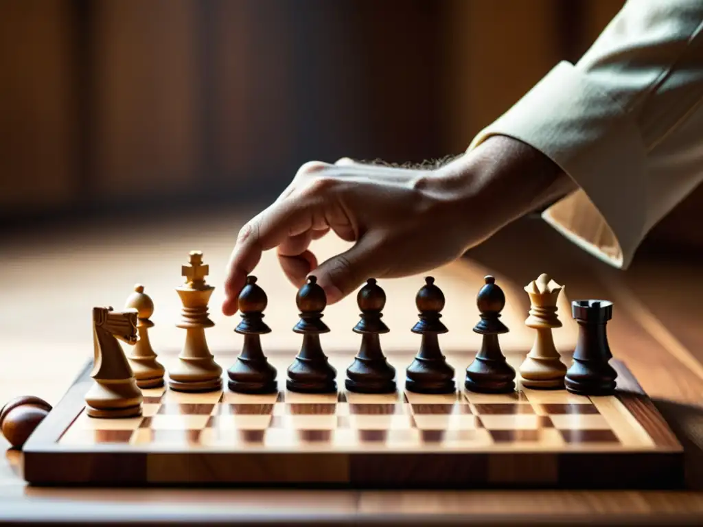 'Un jugador de ajedrez en plena concentración, moviendo piezas en un tablero de madera