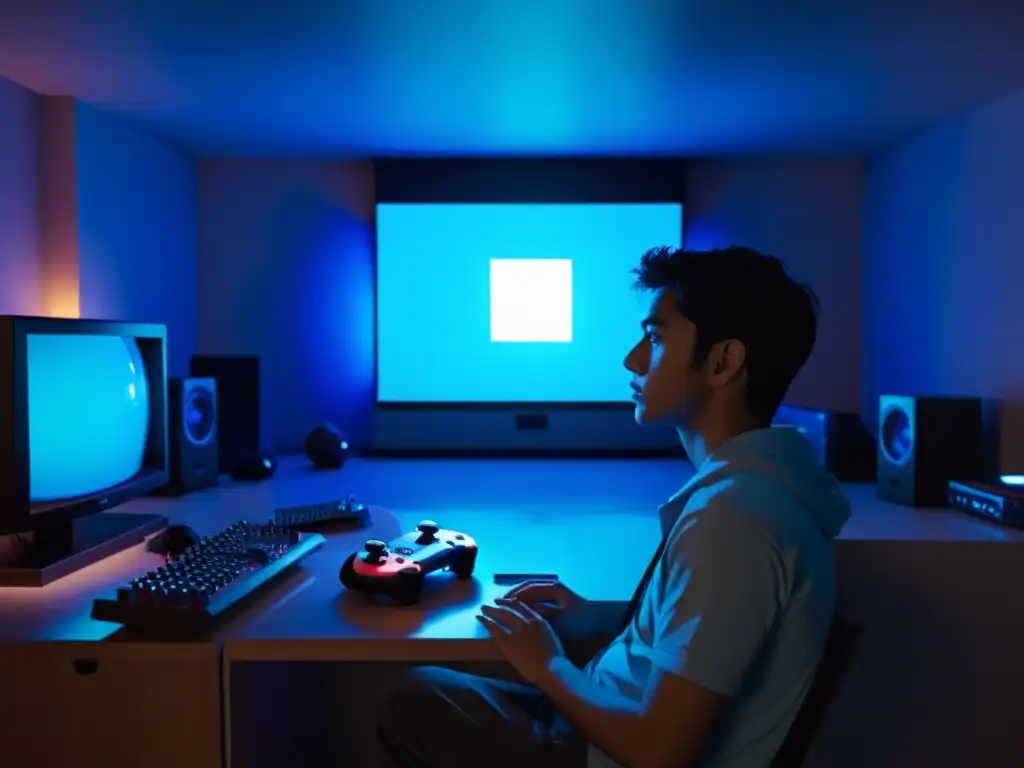 Reflexión en la penumbra: el impacto de los videojuegos en la vida moderna Un jugador reflexiona en una habitación iluminada por el brillo azul de la pantalla
