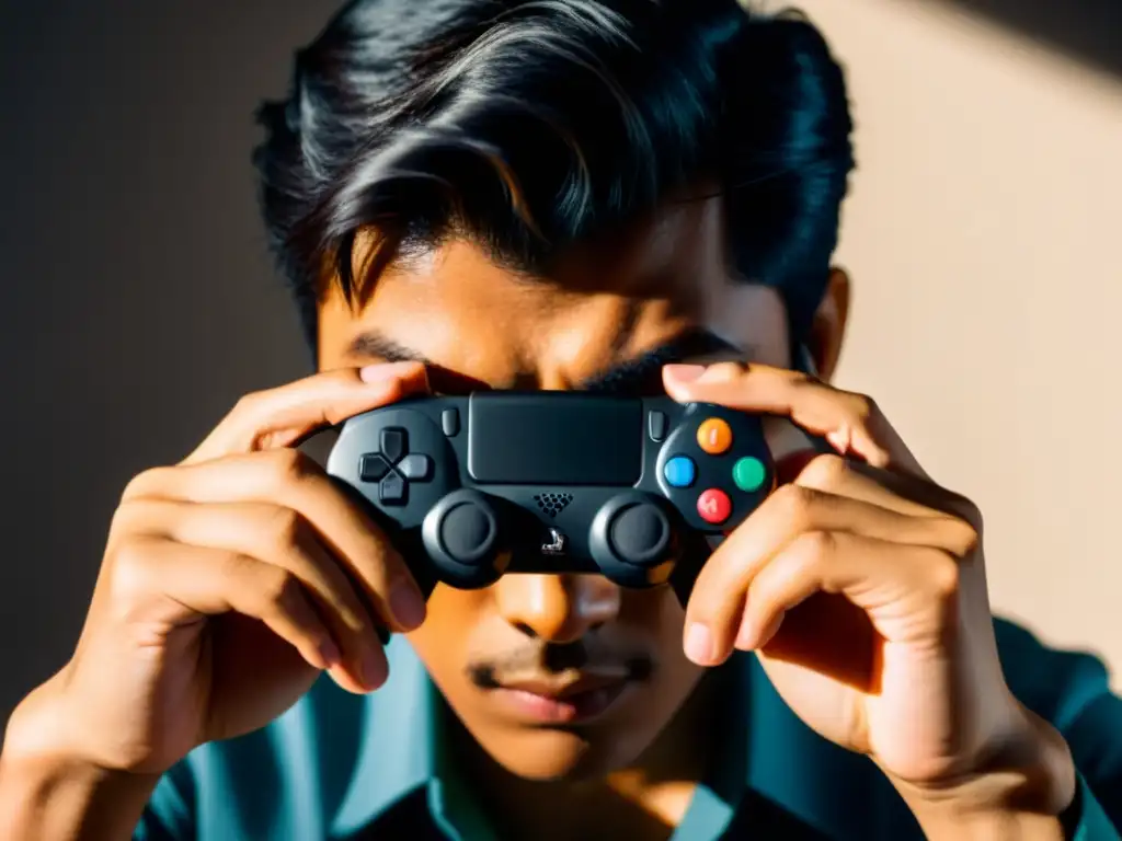 Un jugador se concentra intensamente en un videojuego, enfrentando un dilema ético
