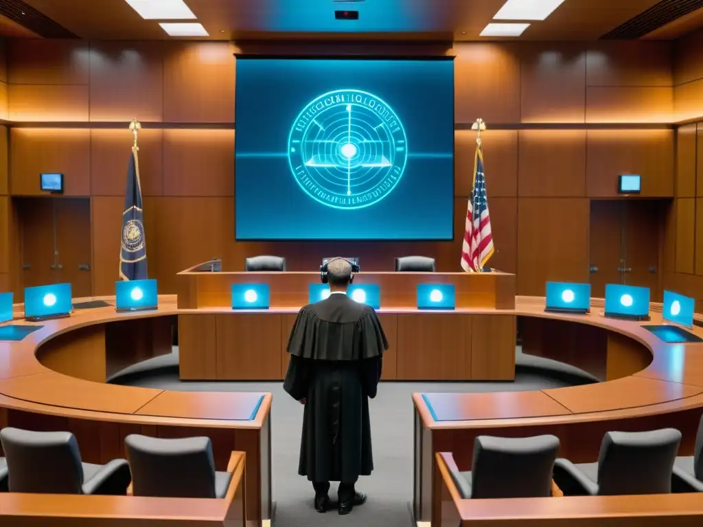 Un juicio en un espacio digital con hologramas y avatares, fusionando justicia tradicional y tecnología