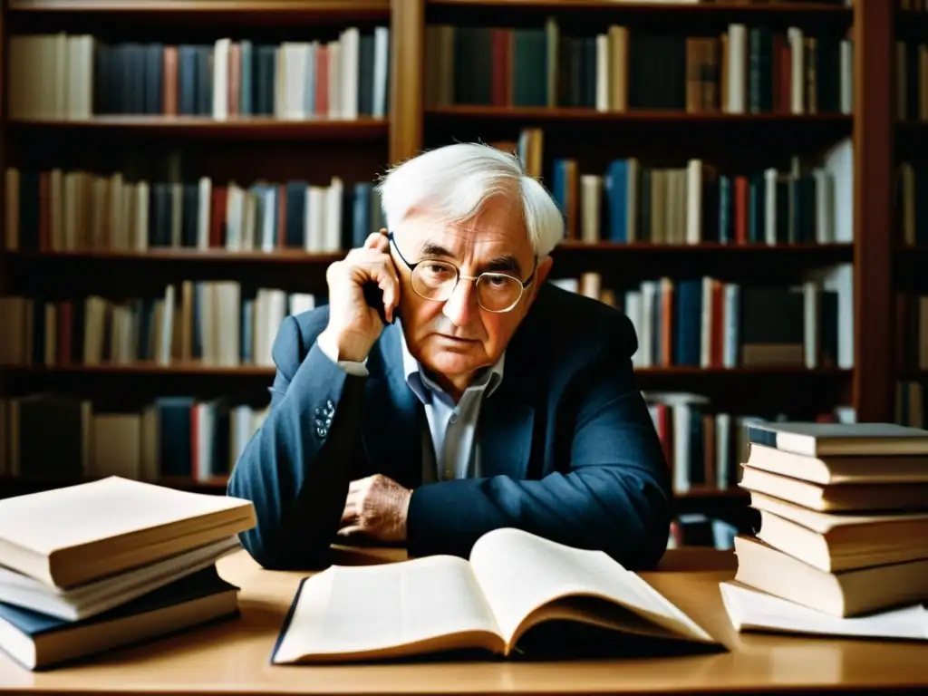 Jürgen Habermas inmerso en la Teoría Crítica, rodeado de libros y papeles, en una atmósfera de intensa reflexión filosófica