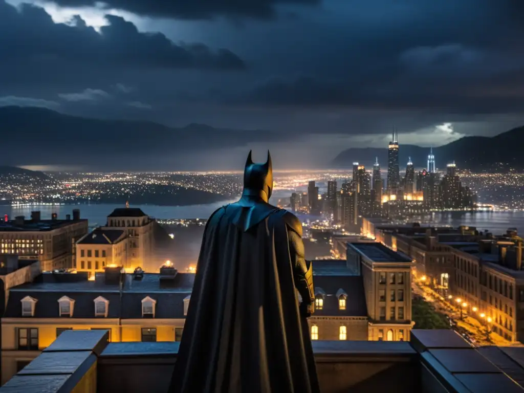 Batman, símbolo de justicia, observa Gotham desde un tejado