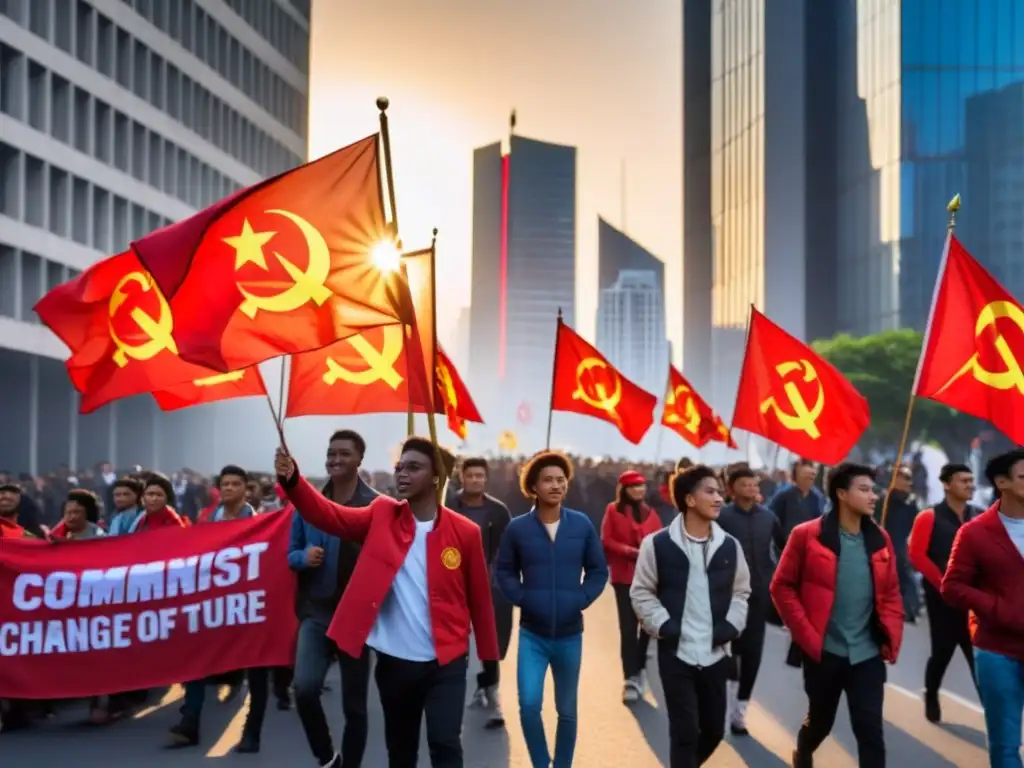 Juventud marchando con banderas comunistas al atardecer, mostrando determinación y renovación en la ciudad