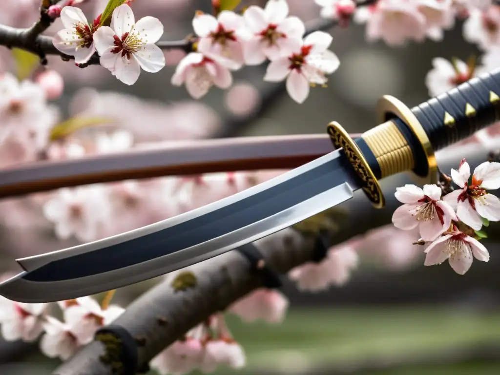 Una katana descansa sobre flores de cerezo, mostrando su hamon