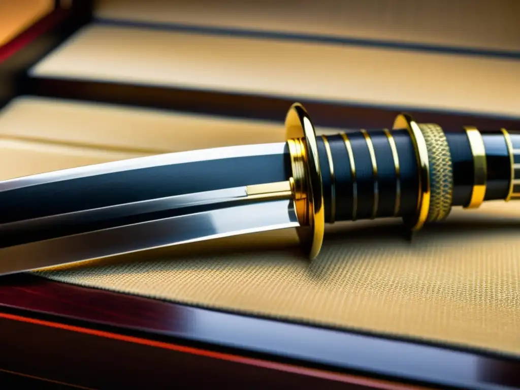 Katana samurái: belleza y tradición Una katana tradicional reposa en un soporte de madera finamente elaborado