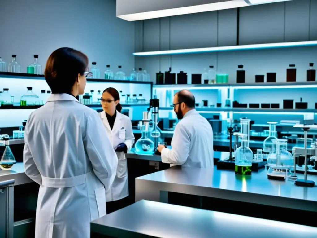 Un laboratorio científico bullicioso con investigadores en batas blancas trabajando con equipo científico