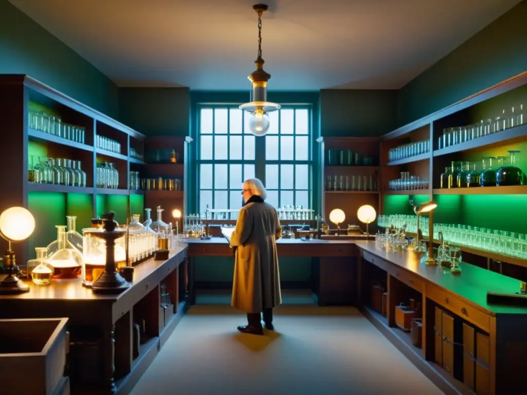 Un laboratorio científico del siglo XVIII iluminado por luz natural