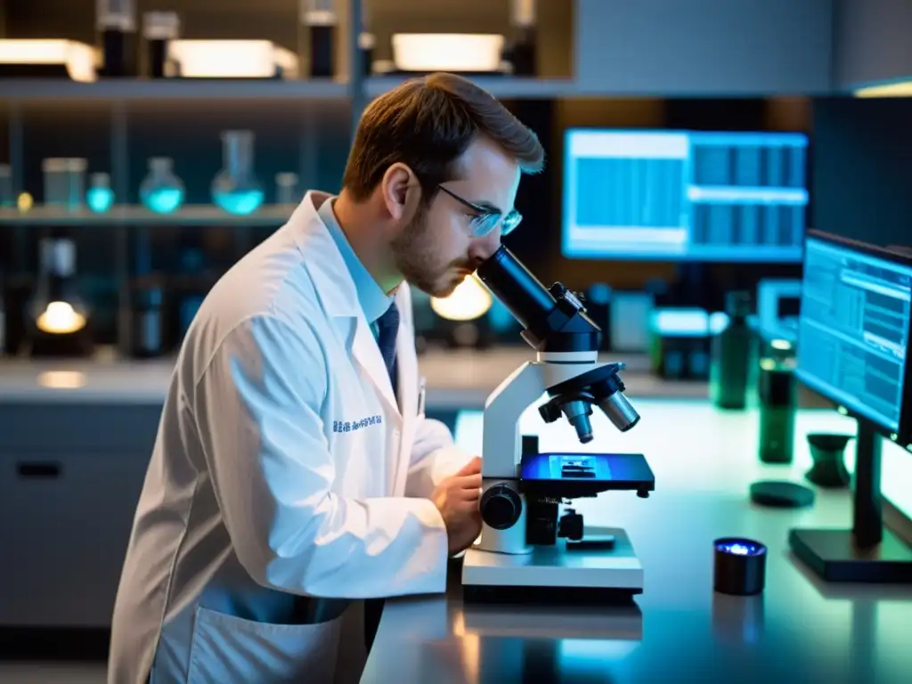 Un laboratorio futurista con equipo científico moderno y un científico analizando datos en un monitor