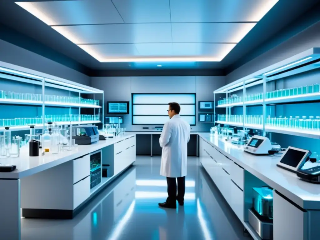 Un laboratorio moderno y detallado con equipamiento científico avanzado y tecnología futurista
