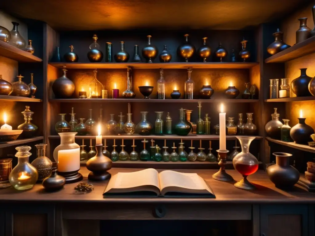 Un laboratorio renacentista con cristalería intrincada, humo y luz de velas, evocando la búsqueda espiritualidad Renacimiento