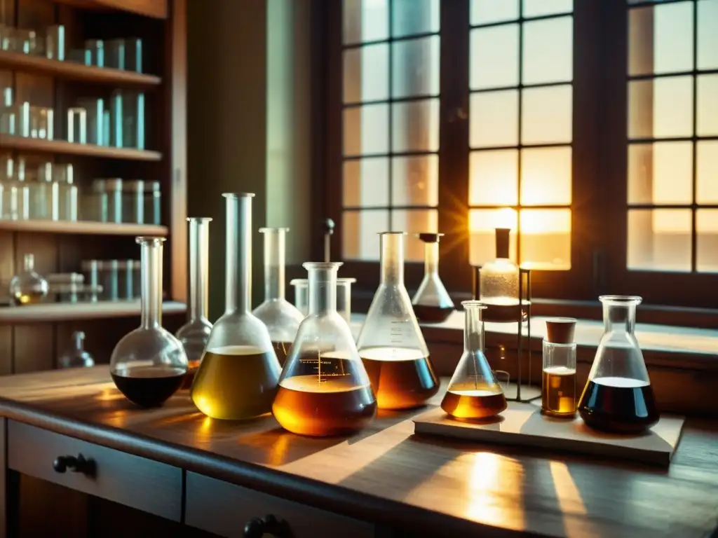 Un laboratorio vintage con equipamiento científico, tubos de ensayo y libros antiguos en una mesa de madera iluminada por luz dorada