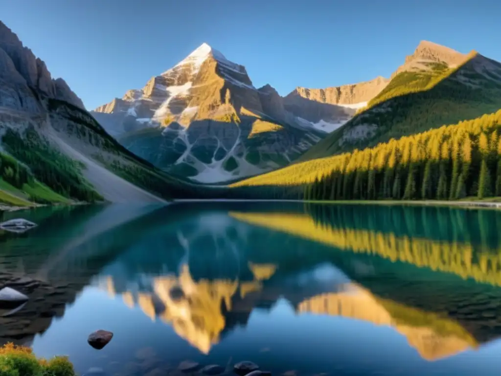 Montaña al amanecer con lago cristalino, reflejando luz dorada