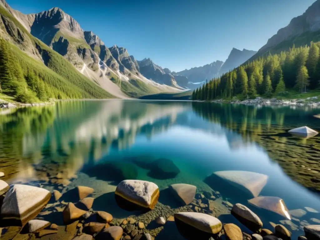 Un lago de montaña transparente refleja la serenidad de la naturaleza, ilustrando el poder de la transparencia en marcas