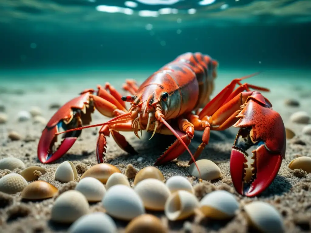 Un langosta solitaria camina en el fondo del océano, rodeada de conchas y escombros, reflejando la soledad de 'The Lobster'