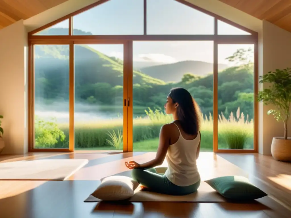 Lecciones de mindfulness para una comunicación efectiva: Persona meditando en una habitación soleada con vistas a un paisaje sereno