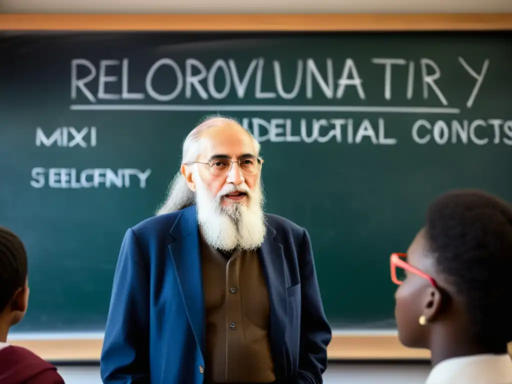 Paulo Freire imparte su legado filosófico a estudiantes diversos en un aula llena de aprendizaje activo y pensamiento crítico