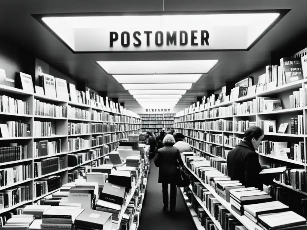 Librería abarrotada con gente explorando libros, carteles de autores postmodernos y estantes llenos