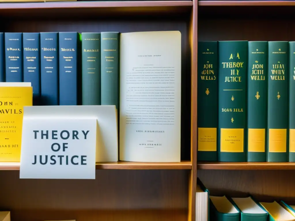 Librería llena de ejemplares gastados de 'A Theory of Justice' de Rawls, notas y papeles académicos