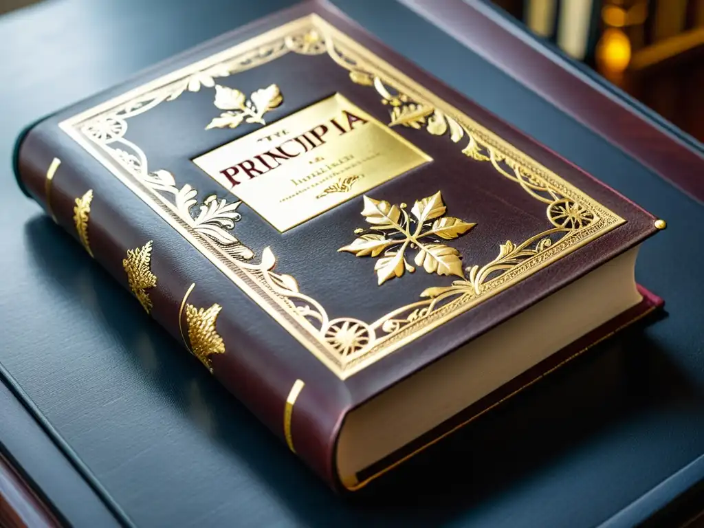 Un libro antiguo de cuero, titulado 'Principia', reposa en un escritorio de caoba