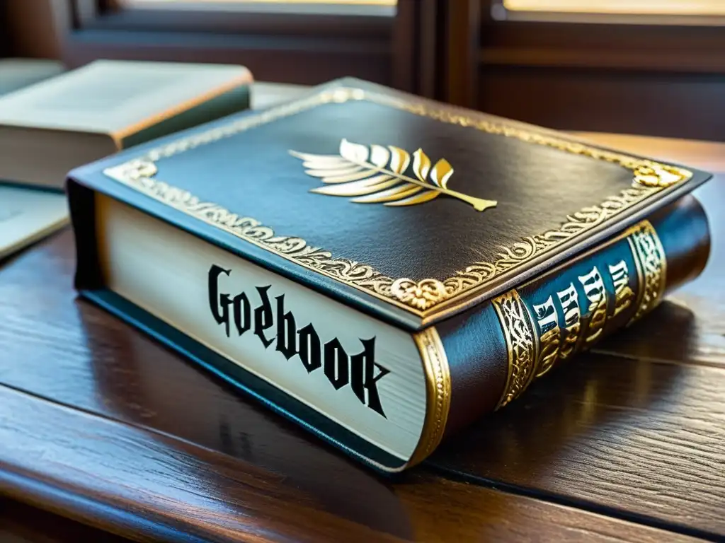 Un libro antiguo y desgastado, con letras doradas en el lomo, reposa en un escritorio de madera