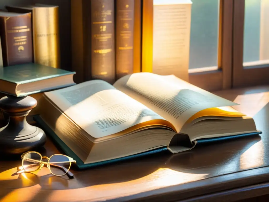 Un libro antiguo y desgastado con letras doradas se encuentra abierto en un escritorio de madera, rodeado de papeles y gafas