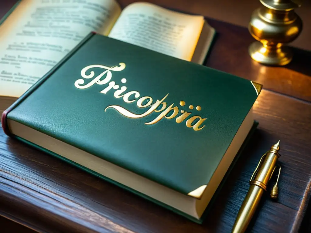 Un libro antiguo con título 'Principia Logica' en elegante caligrafía, rodeado de objetos antiguos en un escritorio de madera