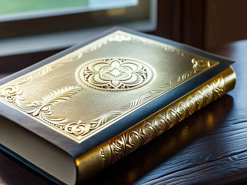 Un libro de cuero desgastado con detalles dorados en la portada descansa sobre una mesa de madera, iluminado por luz natural