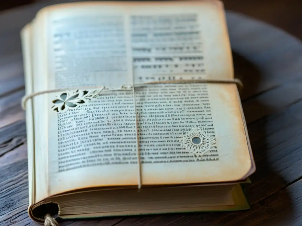 Un libro desgastado y envejecido con páginas desgarradas reposa sobre una mesa de madera, iluminado por una suave luz natural