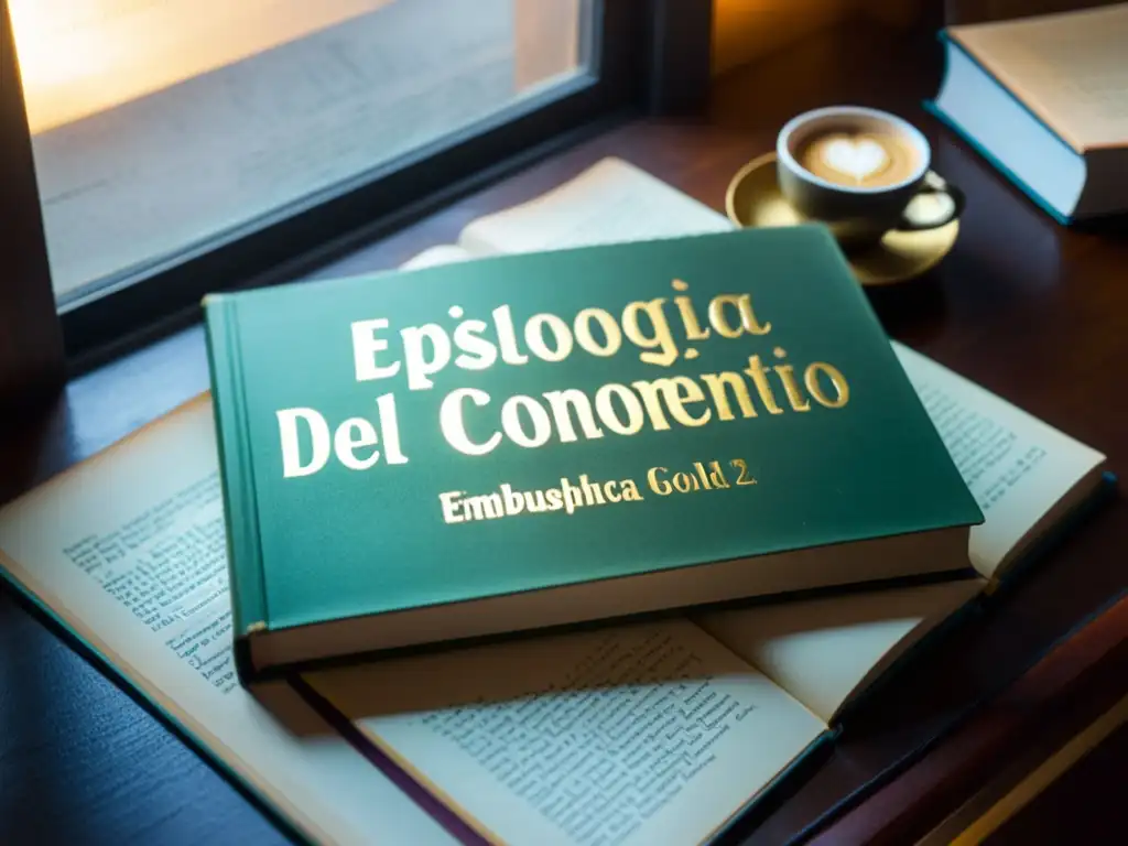Un libro desgastado de 'Epistemología: Teoría del Conocimiento' reposa en un escritorio desordenado con textos filosóficos, lentes de lectura y una taza de café humeante